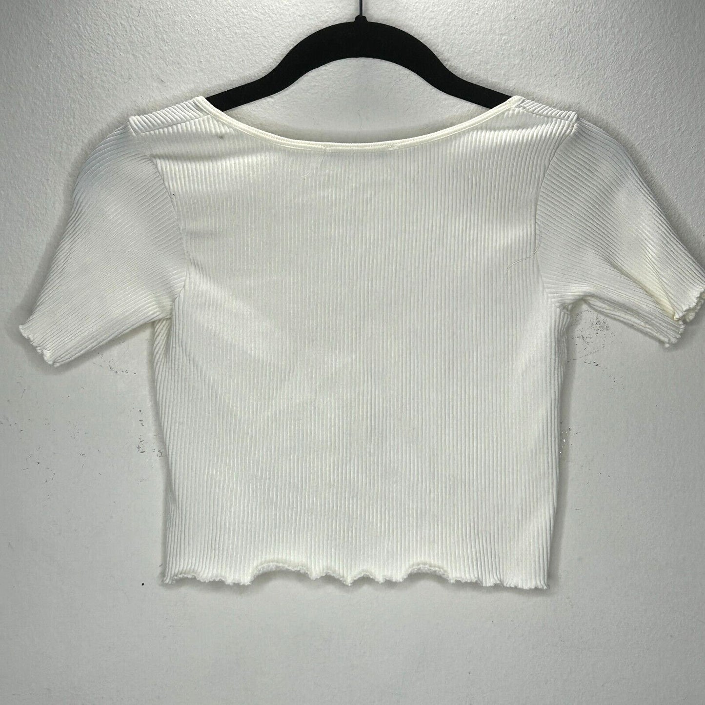 Zara Cream Ribbed Scoop Neck Top Short Sleeve Lettuce Hem Sleeves & Bottom XS