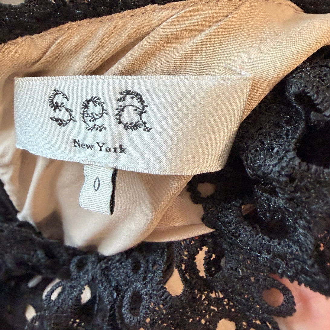 Sea New York Black Eyelet Lace Mock Neck Ruffle Dress US 0