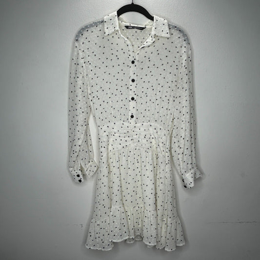 Zara Cream Black Dotted Swiss Long Sleeve 1/2 Button Collared Ruffle Hem Dress