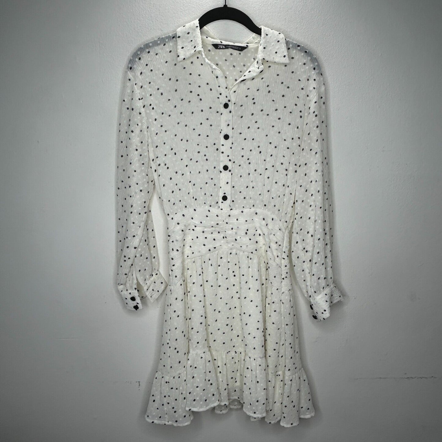 Zara Cream Black Dotted Swiss Long Sleeve 1/2 Button Collared Ruffle Hem Dress