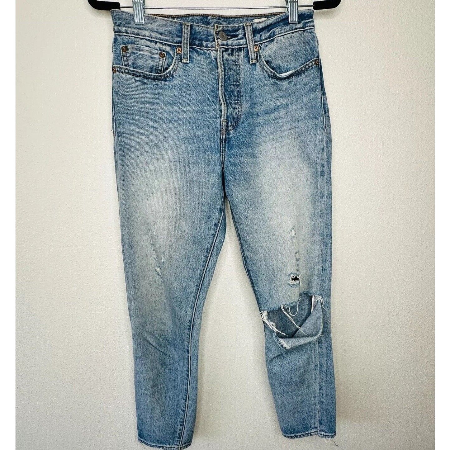 Levis White Oak Cone Denim Light Medium Wash Button Fly Distressed Slim Leg Jean