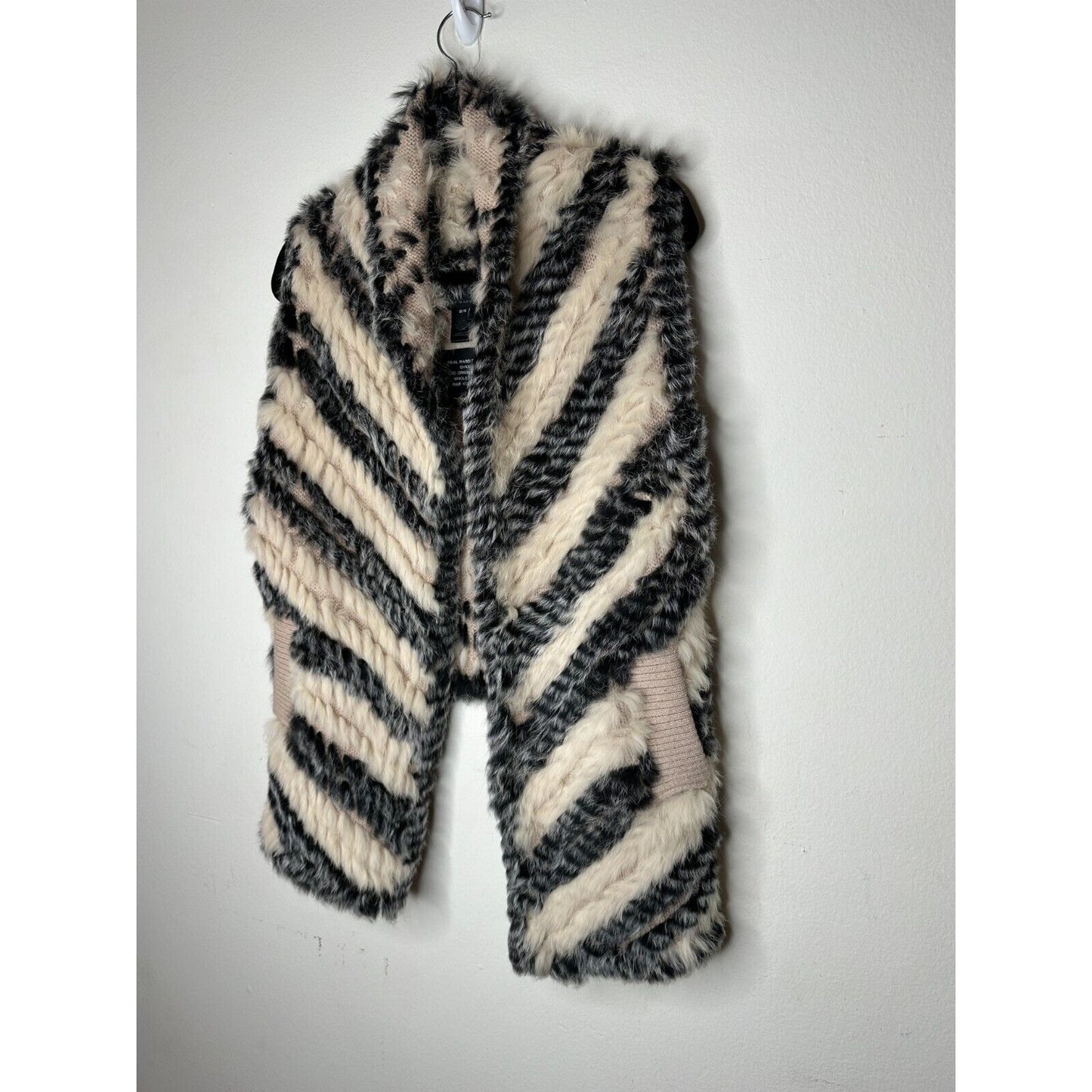 Marc by Marc Jacobs Cream Black Striped Knitted Soft Rabbit Fur Pocket Vest OS