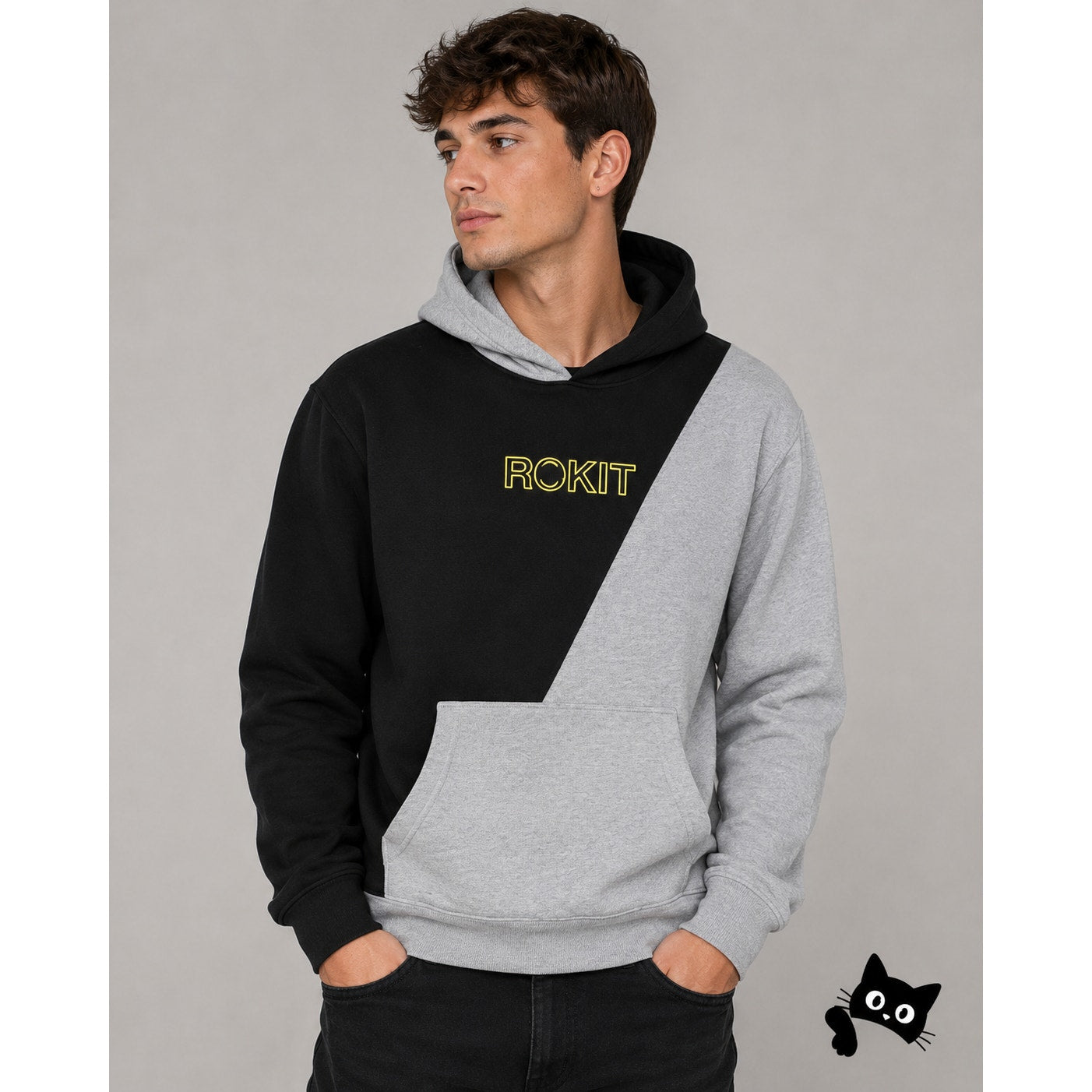 Rokit Split Cotton French Terry Hoodie Black Gray & Yellow Logo Sweatshirt L
