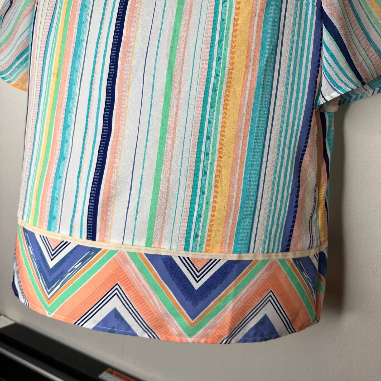 Chico's Aqua Peach and Green White Aztec Striped Boxy Blouse Short Sleeve 1
