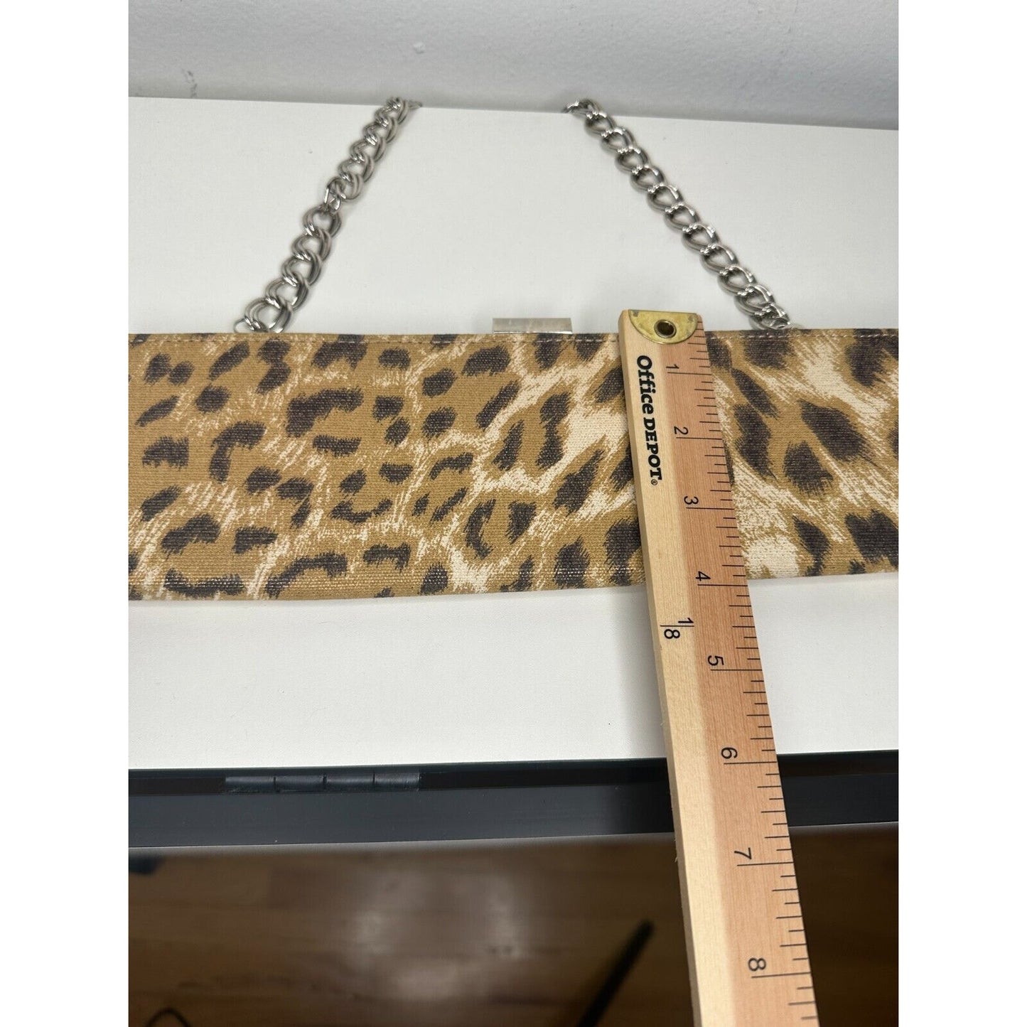 Vintage Fashion Express Leopard-Print Slim Clutch Silver Chain Strap Black Lined