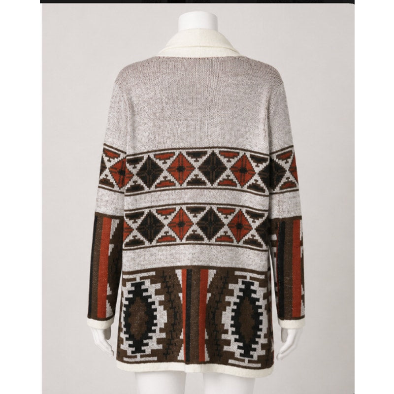Mags & Pye Cream Brown Rust Native Aztec Print Longline Cardigan Sweater Medium