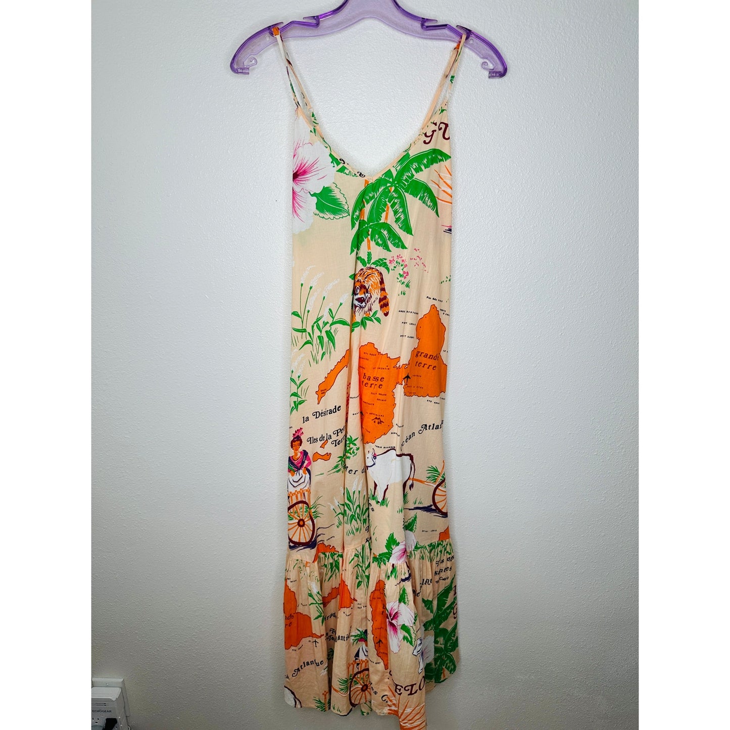 UO Sunkissed Printed Poplin Tropical Floral Flowy Pleated Ruffle Maxi Sundress M