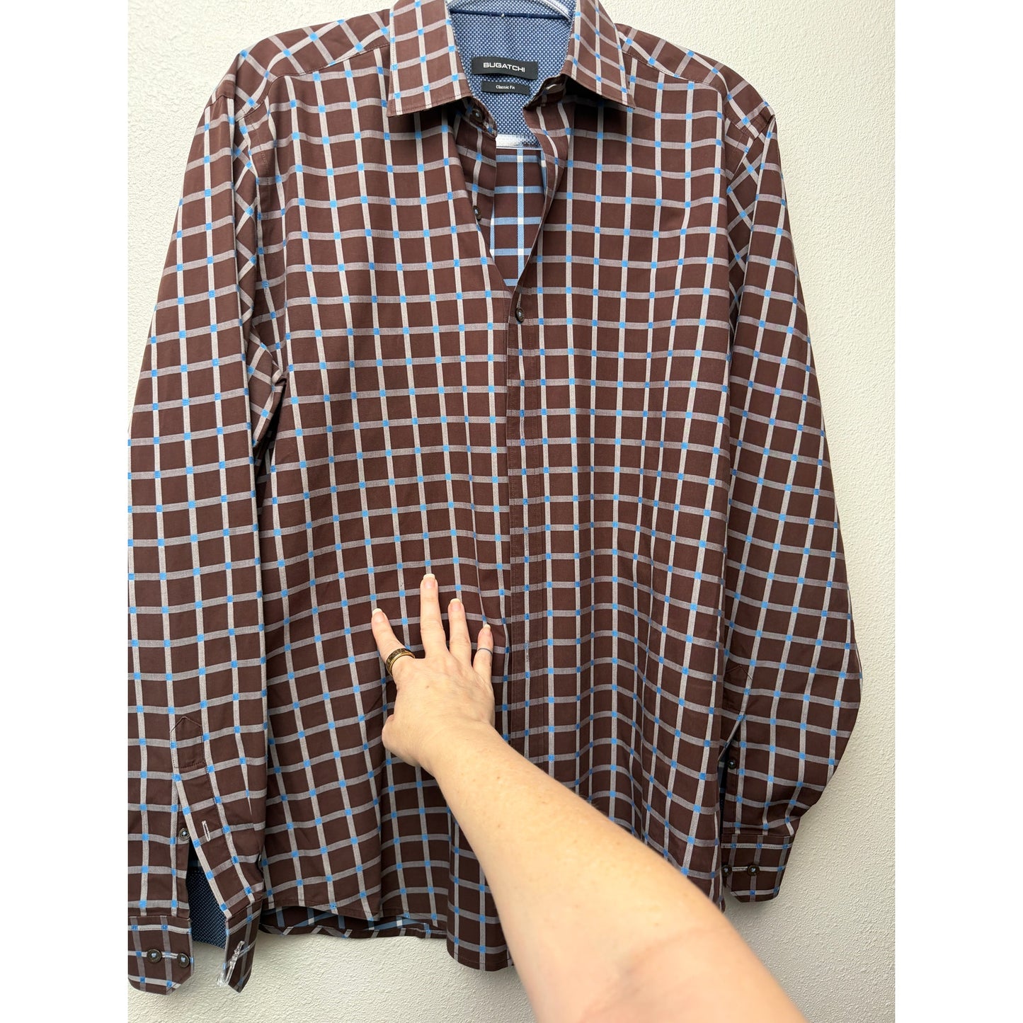 Bugatchi Plaid Button Front Long Sleeve Shirt Mens L Blue Brown