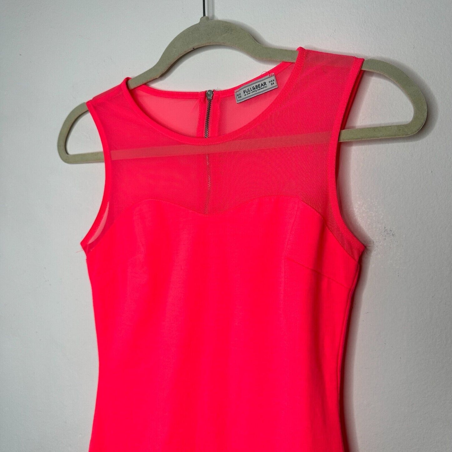 Pull & Bear Florescent Pink Sleeveless Cotton and Sheer Mesh Top Back Zip XS