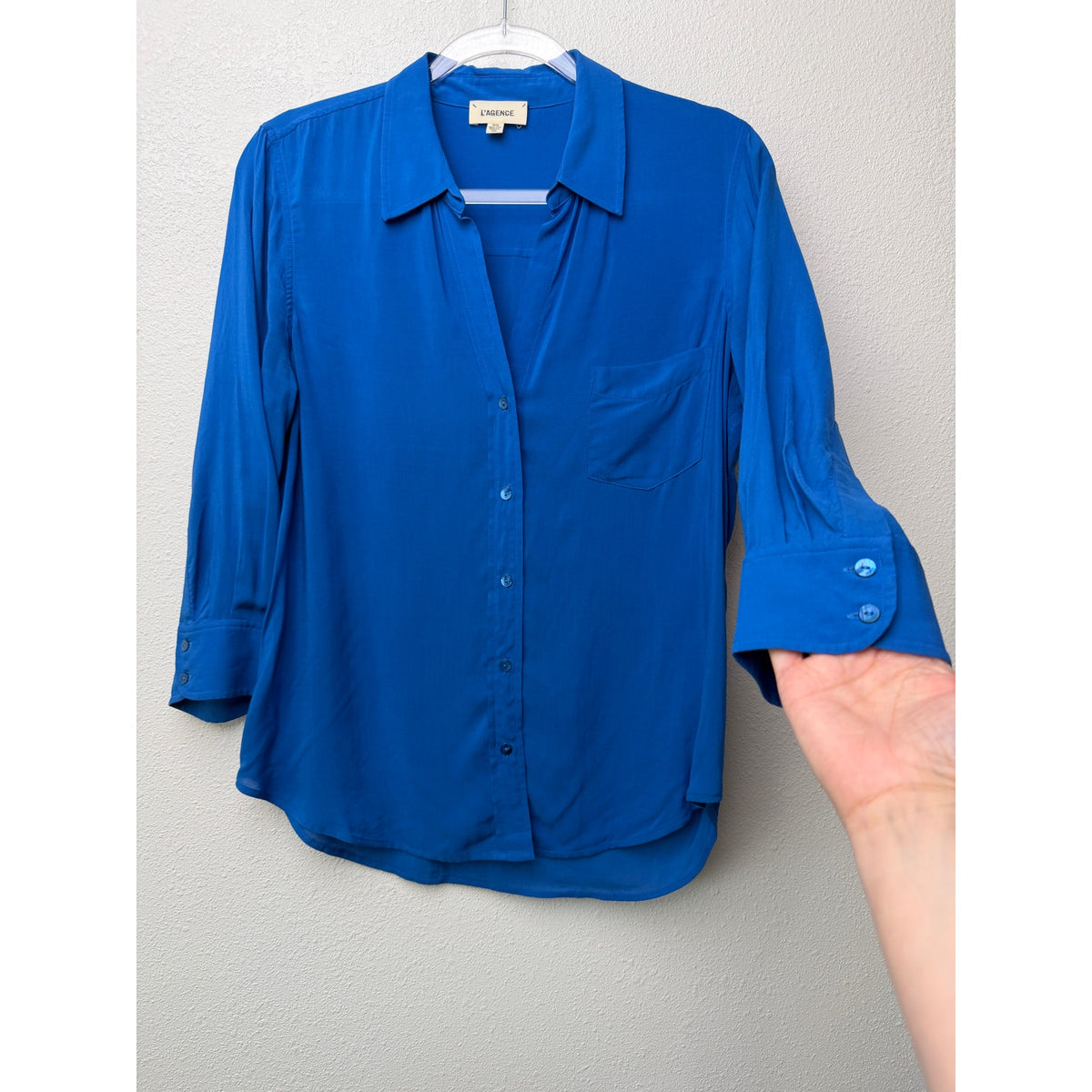 L'AGENCE Blue Button Front Blouse Women M 3/4 Sleeve