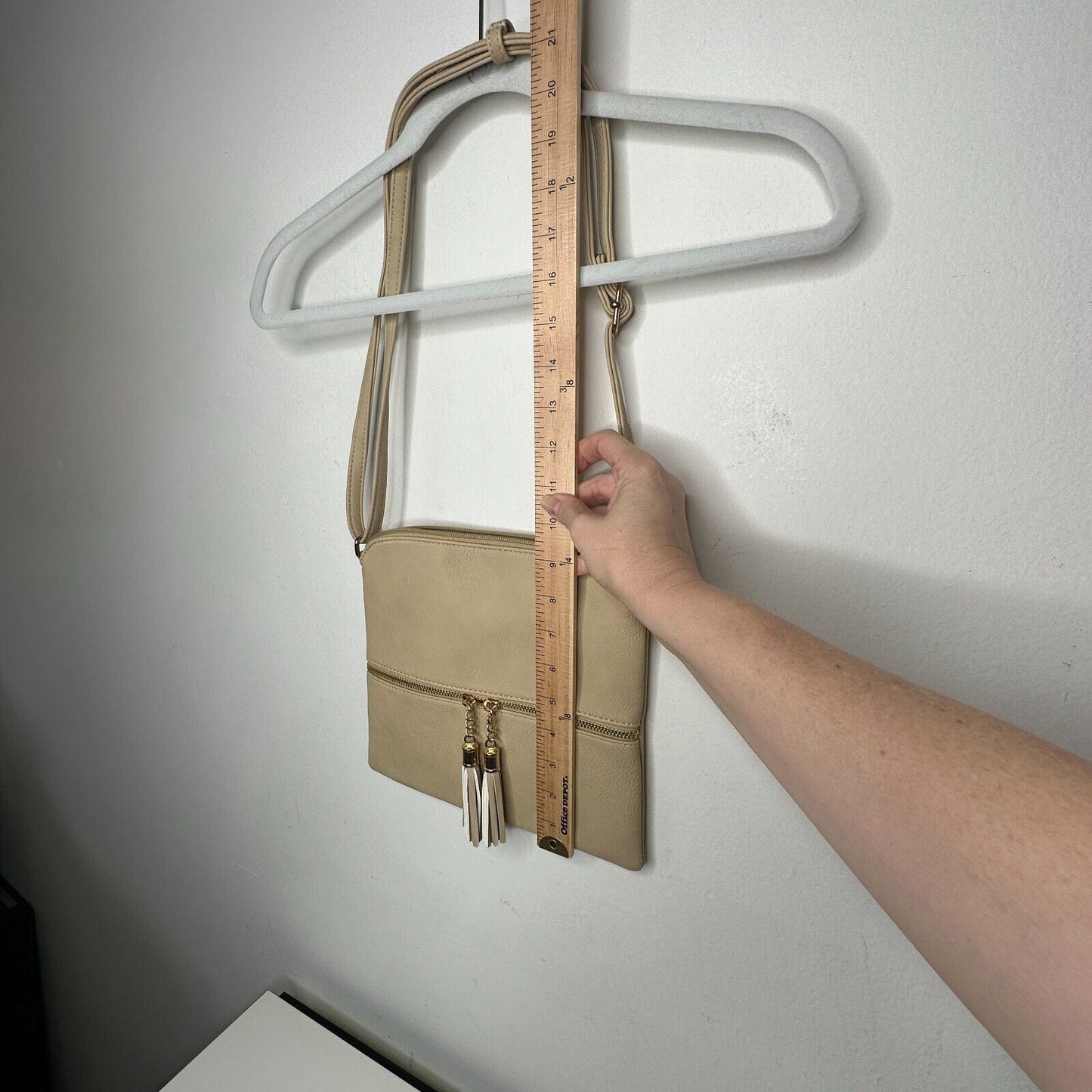 Desert Sand Tan and Gold Crossbody Bag Tassel Blue White Striped Interior Strap