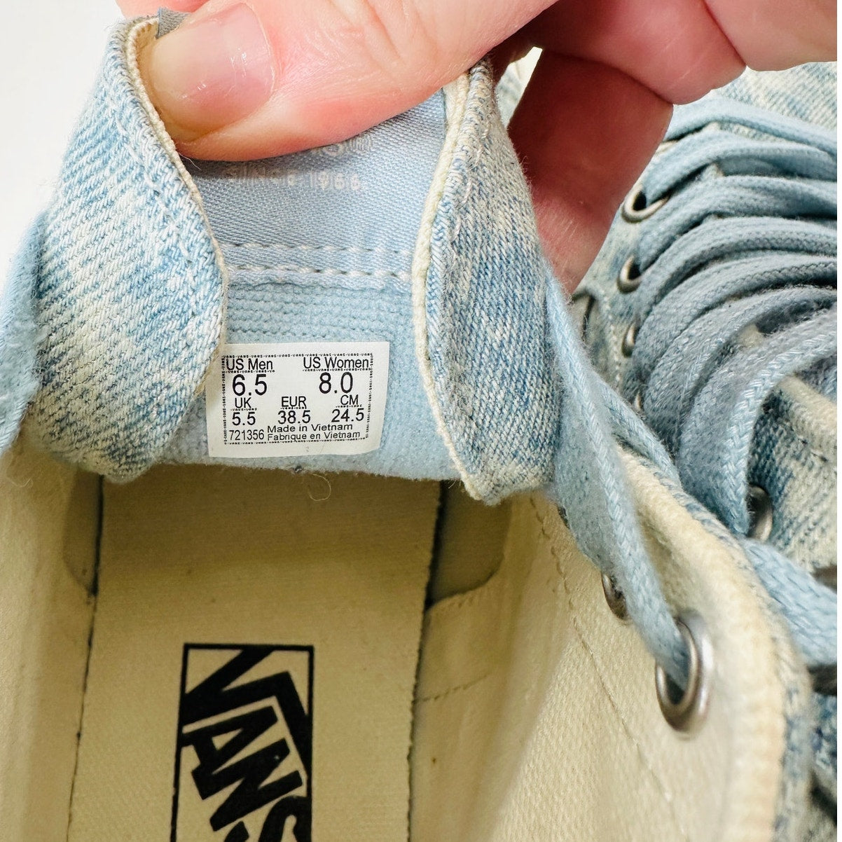 Vans Washed Blue White Sk8-Hi Taper Denim Winter Sky Skate Shoes 8
