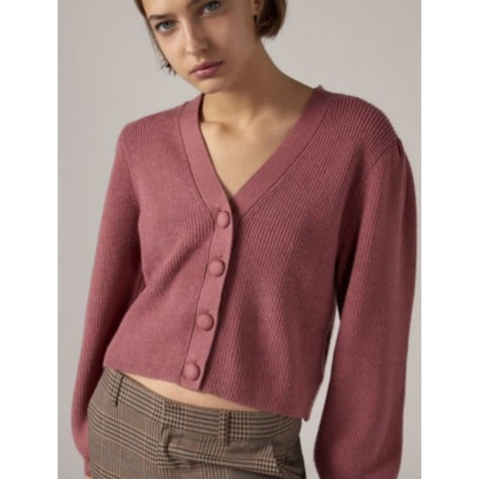 ZARA Mauve Balloon Sleeve V-Neck Cropped Button Chunky Knit Cardigan Sweater M
