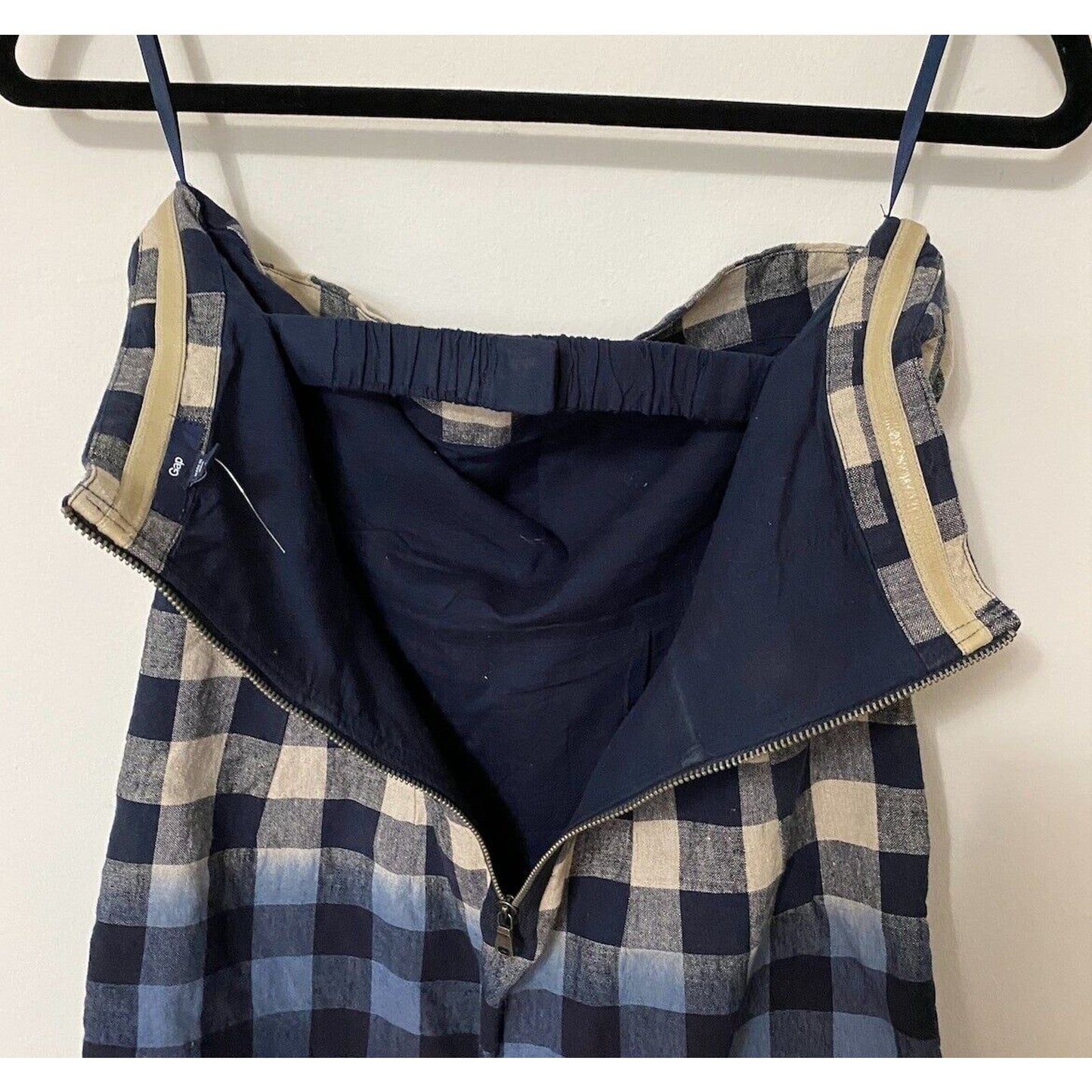 Gap Cute Plaid Linen Tan Black Blue Navy Ombre Strapless Dress Side Pockets 2