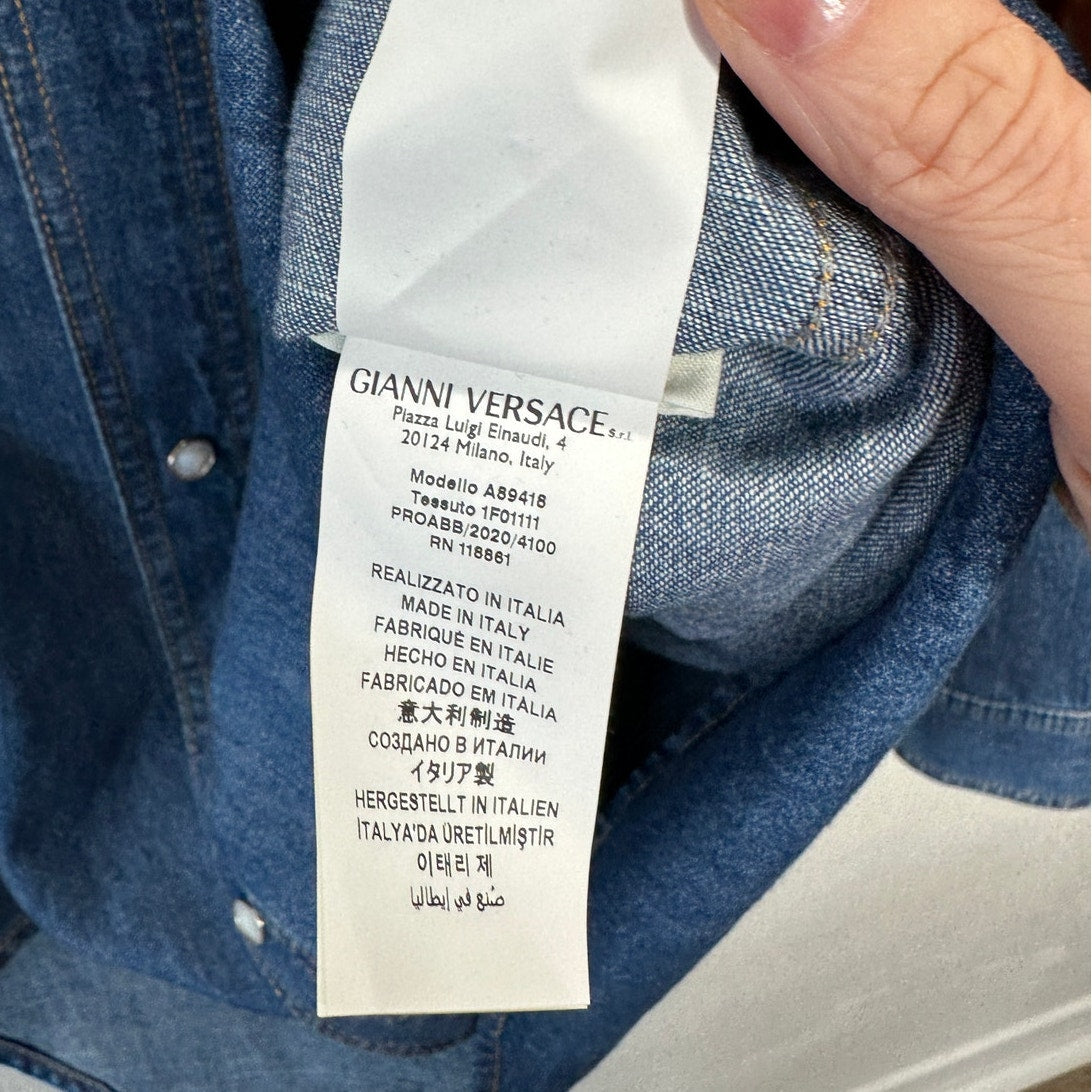 Versace Blue Denim Long Sleeve Pearl Snap Yellow Versace Logo Shirt 41 / Medium