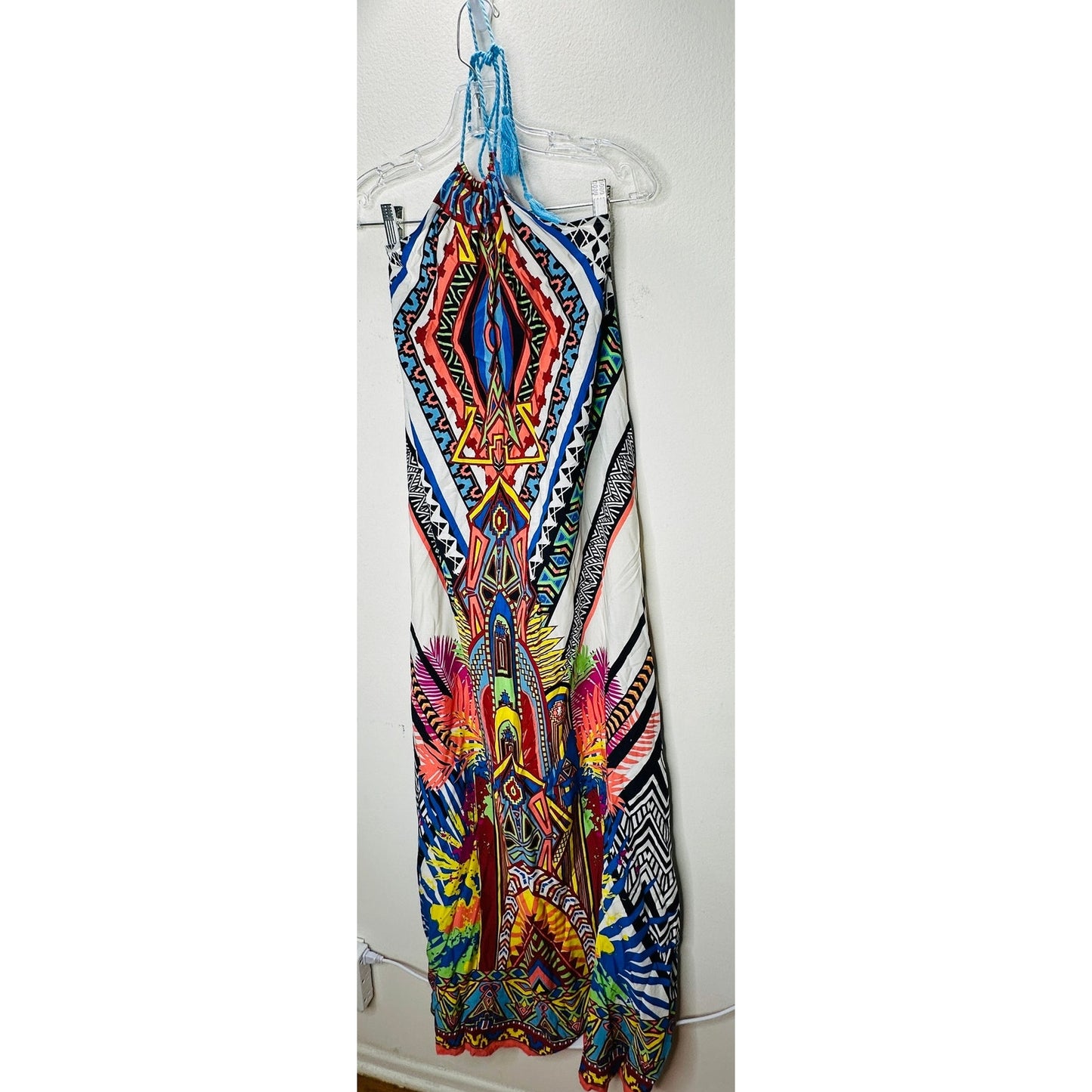 Sugarcloth White Blue Peach Multicolor Tribal Halter Maxi Dress