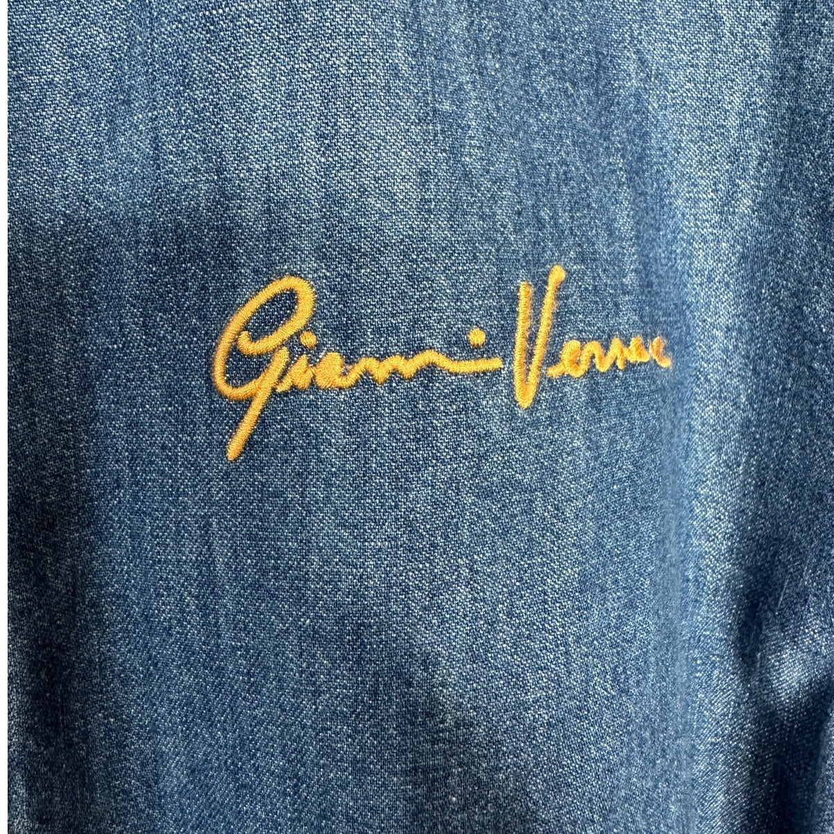 Versace Blue Denim Long Sleeve Pearl Snap Yellow Versace Logo Shirt 41 / Medium