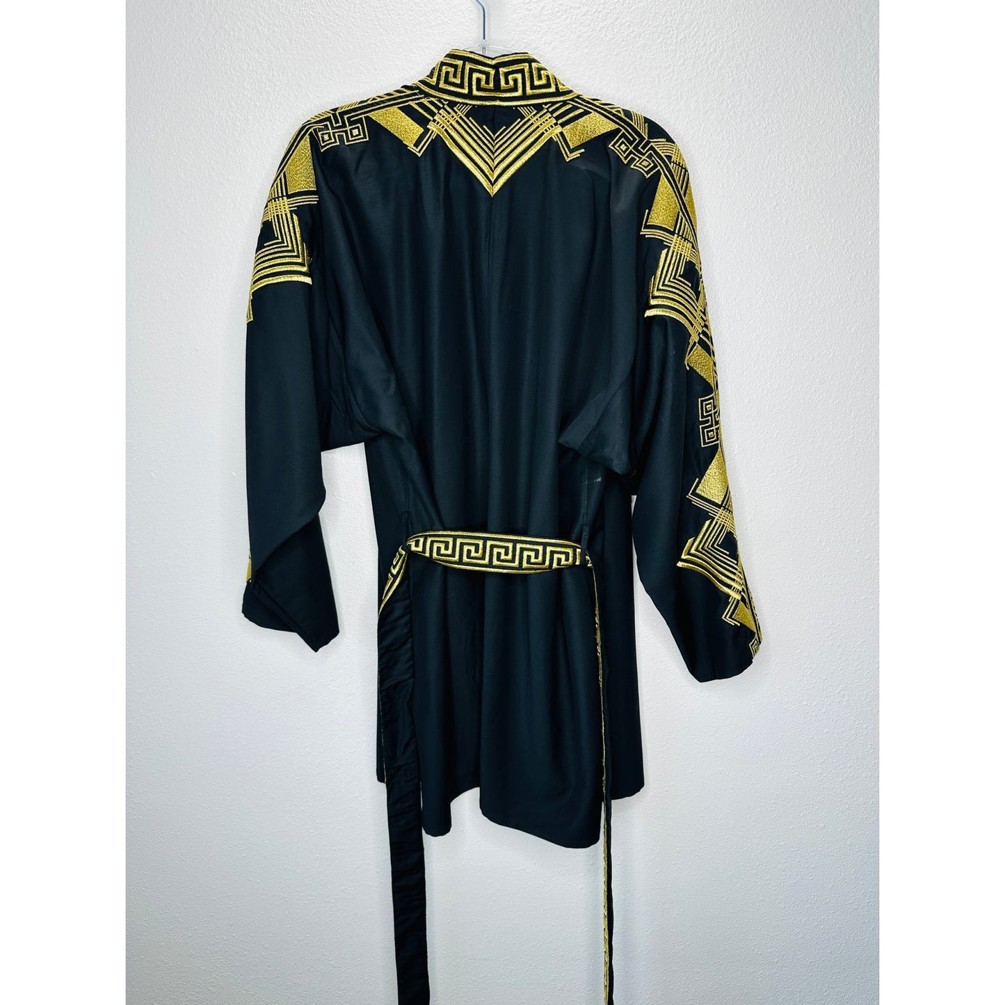 Versace Belted Gold Embroidered Black Wool Blend Kimono Jacket M