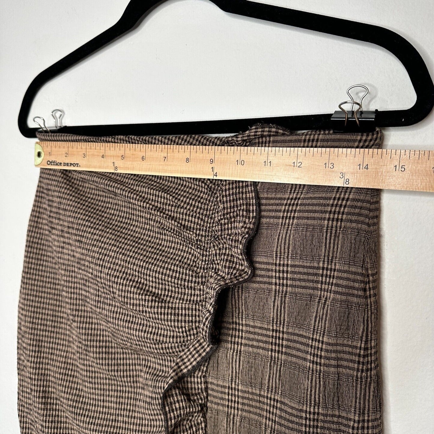 Mango Brown Plaid Checkerboard Mix Fabric Side Ruffle ALine Back Zip Skirt Med