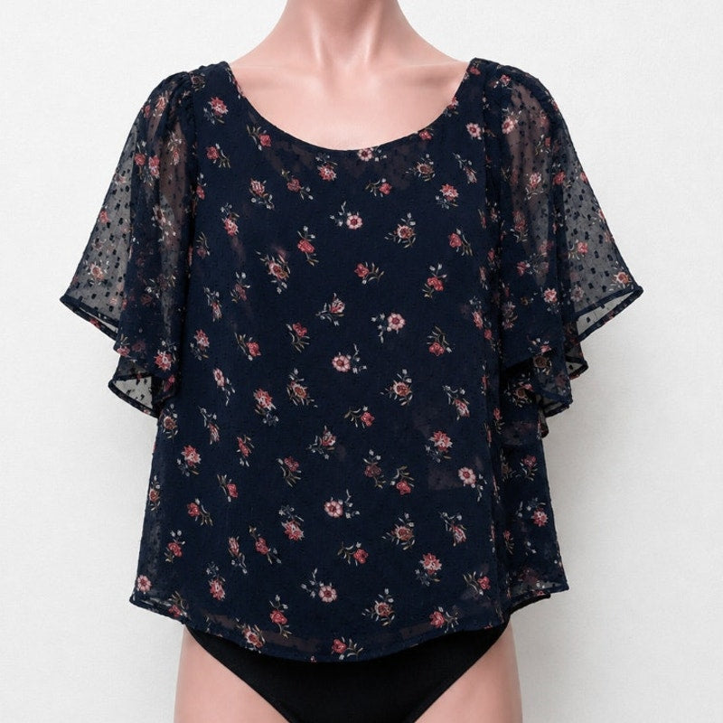 Loft Cute Black Floral Print Round Neck Short Sleeve V-Back With Ties Blouse XXS