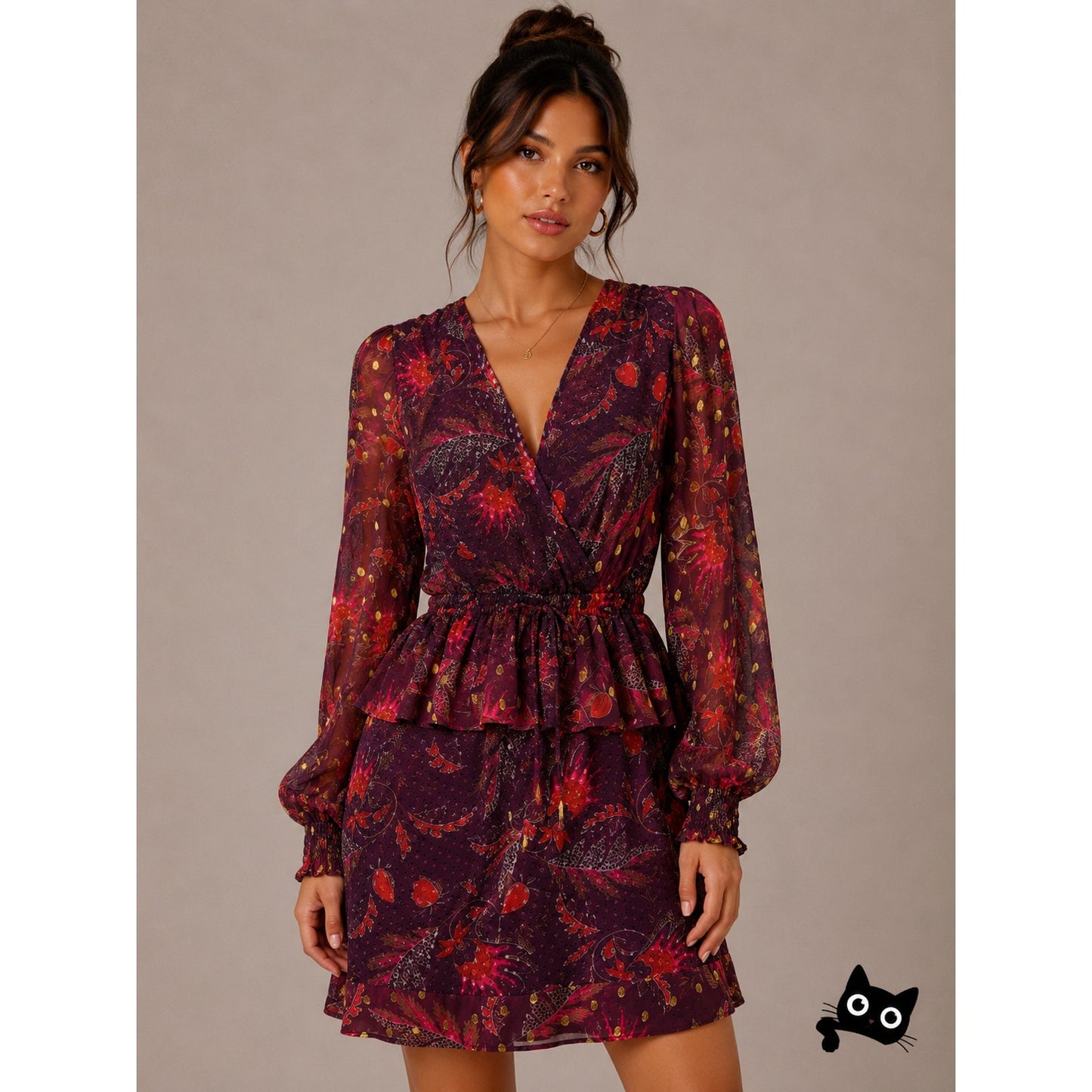 Marchesa Voyage Burgundy 100% Silk Flounce Peplum V Neck Long Sleeve Dress 8