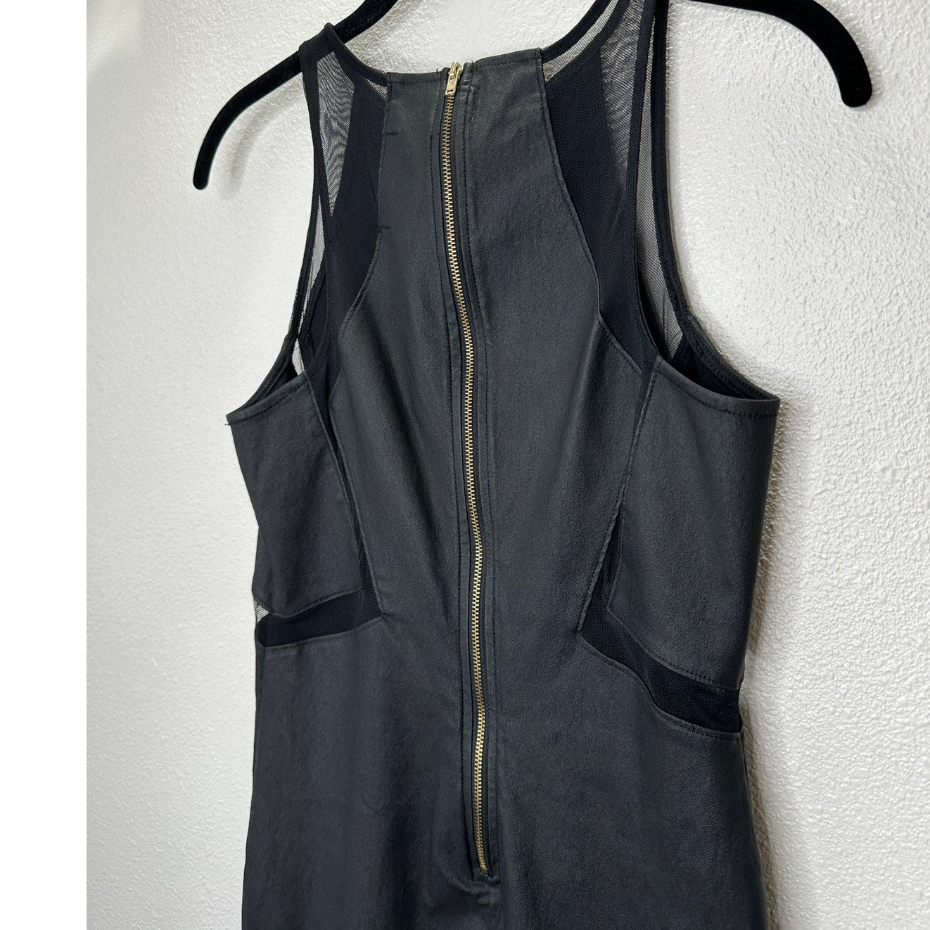 ANGL Black Stretch Faux Leather Mesh Cutouts High Neck Sleeveless Dress M