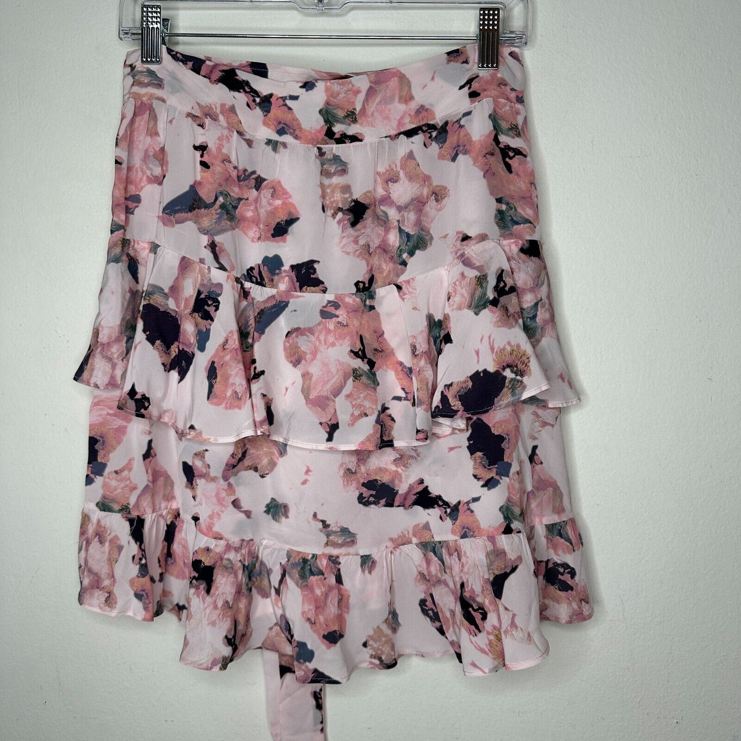 Iro Floral Light Pink Abstract Daring Wrap Flowy Layered Ruffled Mini Skirt 40