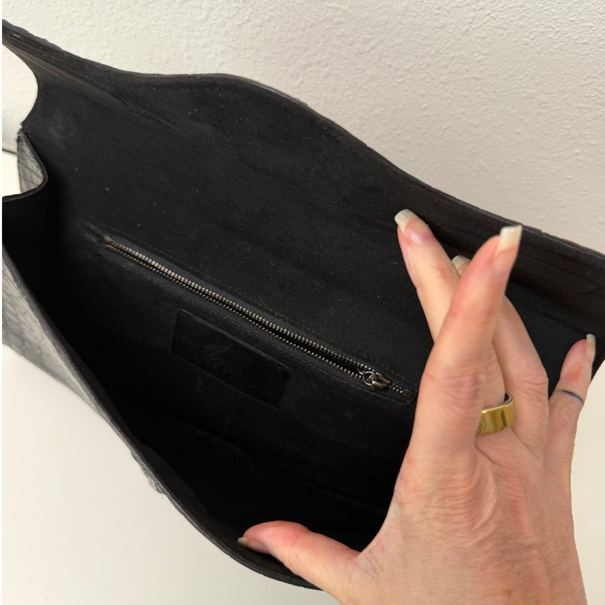 RARE Raven Kauffman Couture Black Croc Leather Bird Head Envelope Clutch Bag