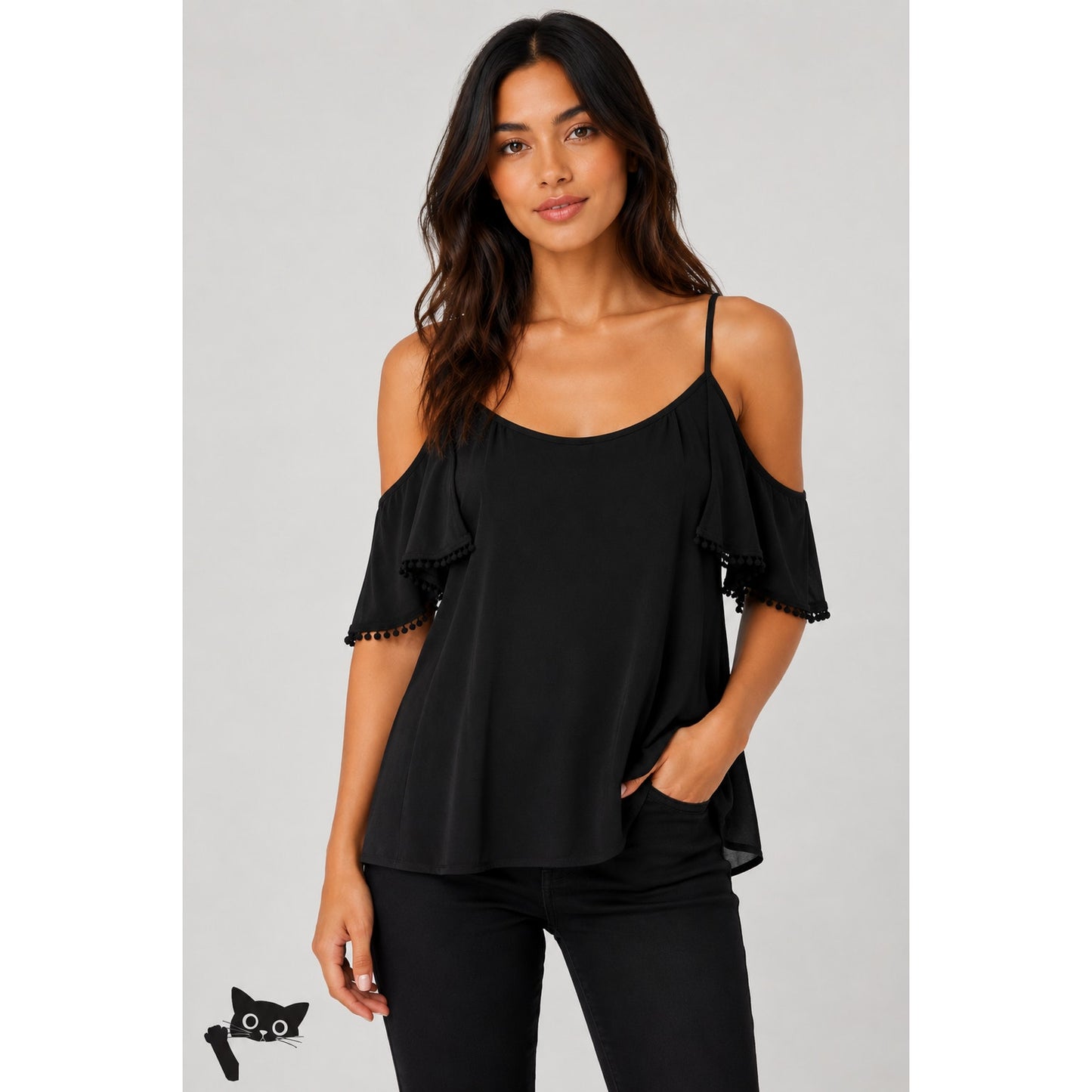 Rebecca Minkoff Aida Black Cold Shoulder Spaghetti Strap Blouse Top Small
