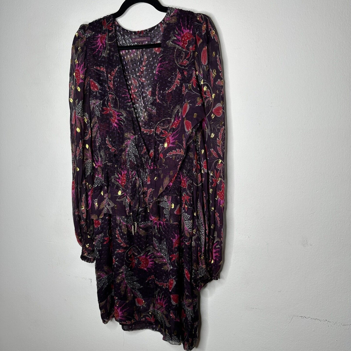 Marchesa Voyage Burgundy 100% Silk Flounce Peplum V Neck Long Sleeve Dress 8