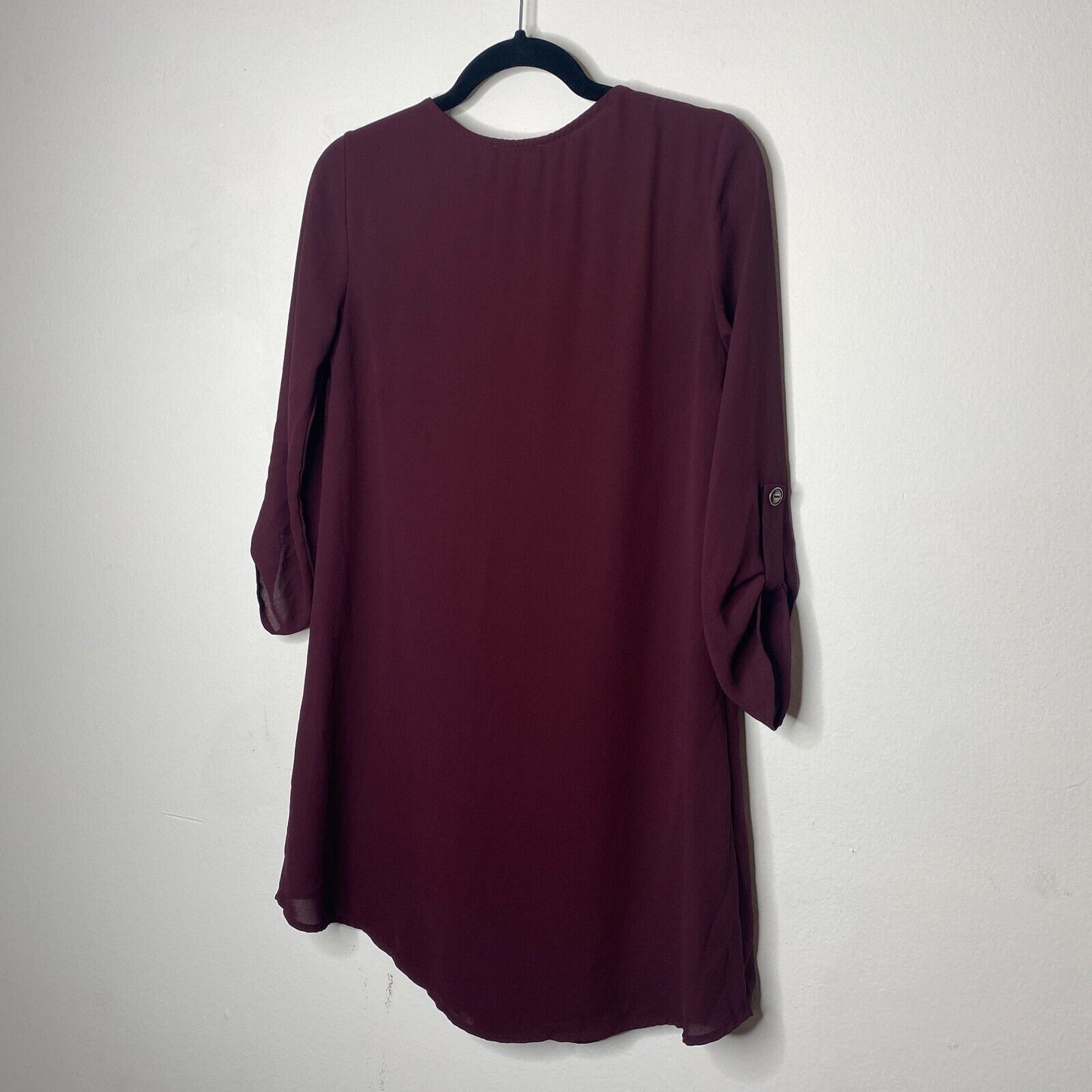 Lush Inverted Pleat V-Neck Plum Drapey Shirt Tail Dress 3/4 Tab Sleeves XS