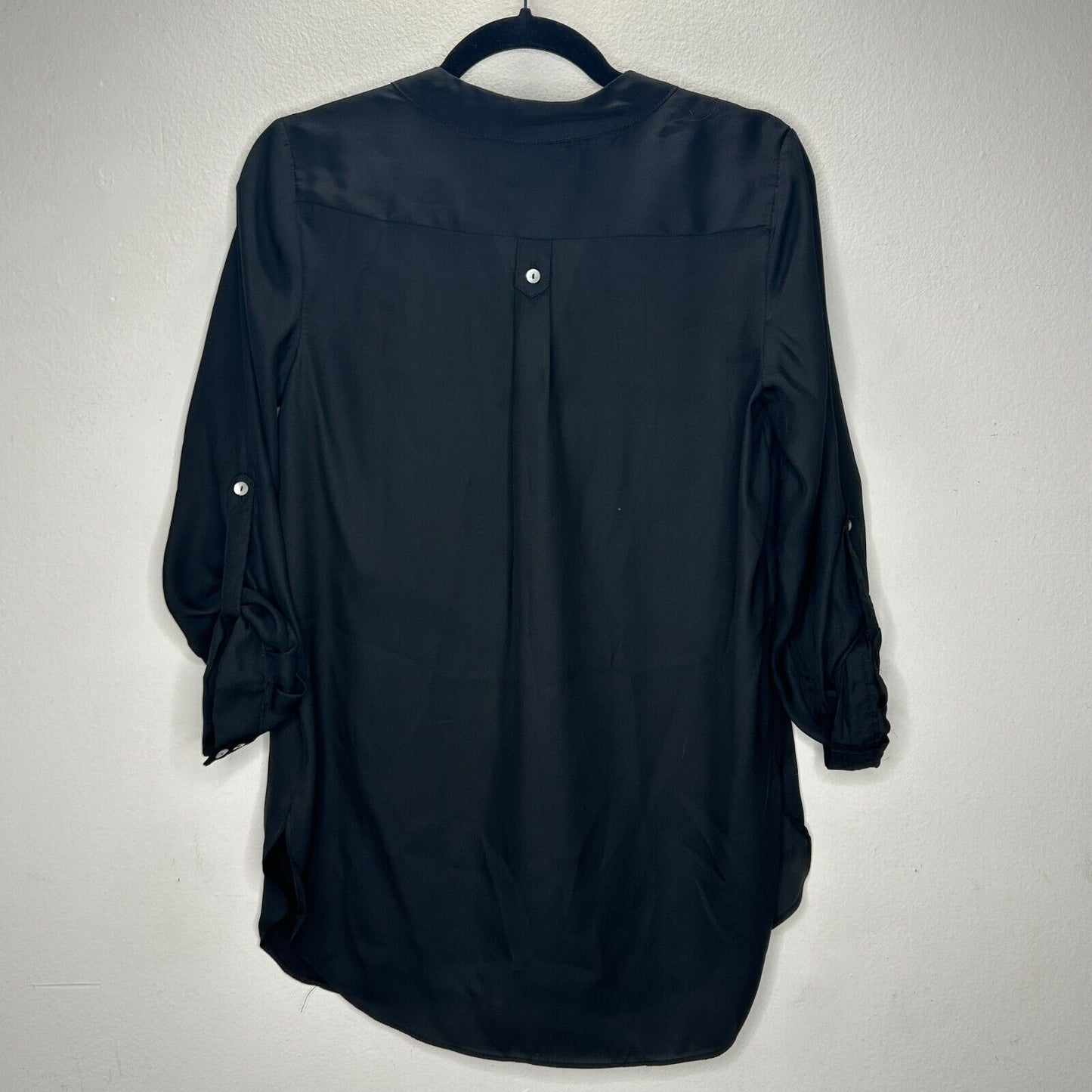 Ellison Black Satin V-Neck Front Button with Pockets Long Sleeve Blouse S