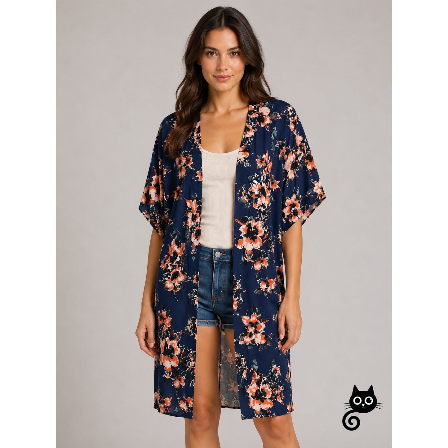 Splendid Navy Orange Ivory Multi Floral Short Sleeve Kimono Duster S