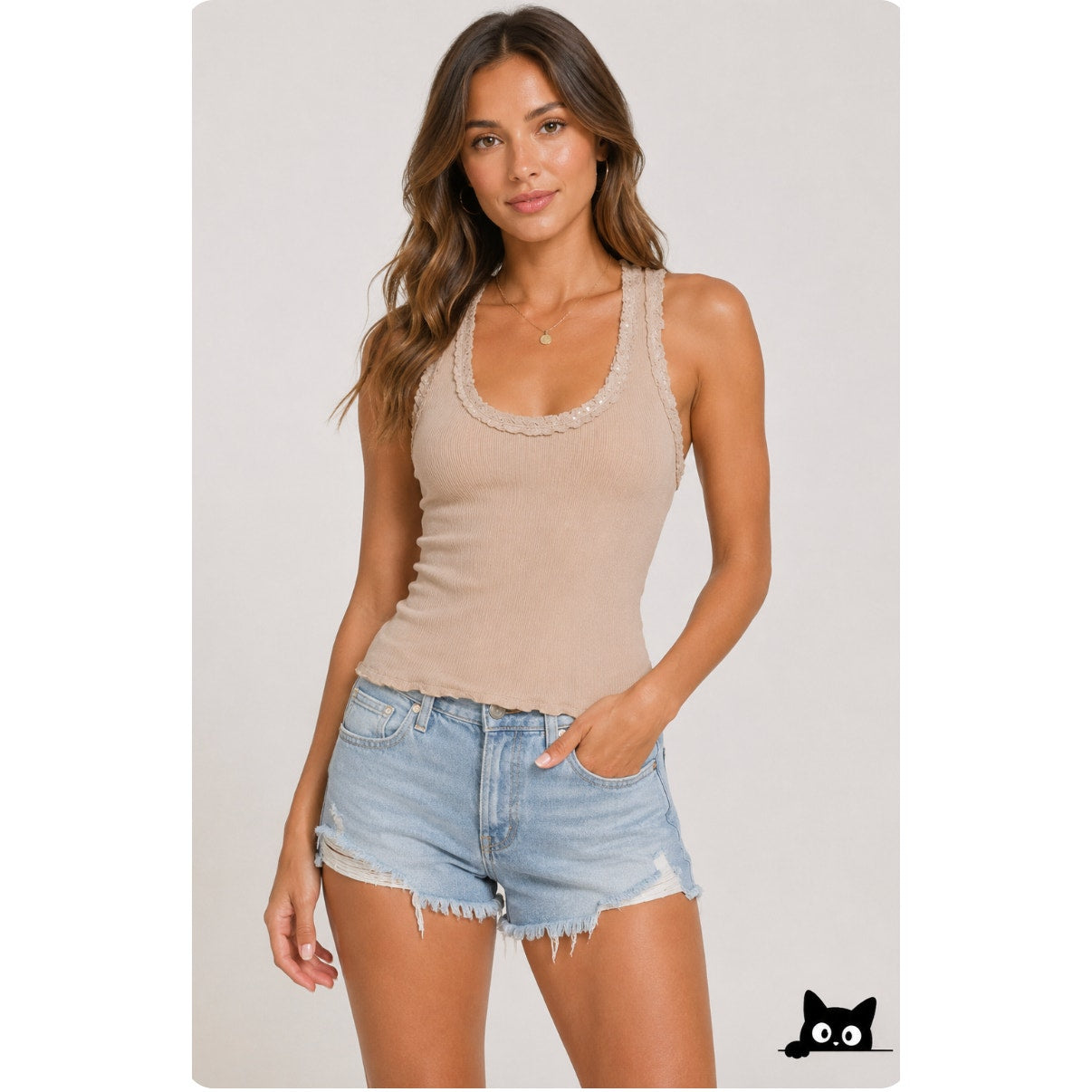 NWT Dis Moi Tan Rib Knit Racer Back Lace Edging Tank Top