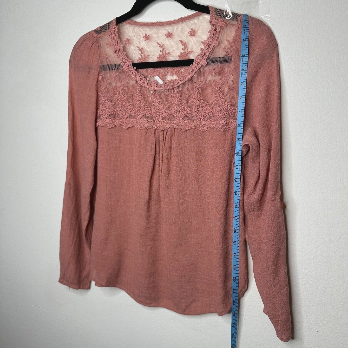 Blu Pepper Pink Apricot Floral Lace Bodice Blouse Long Sleeve Roll Tab Sleeve S