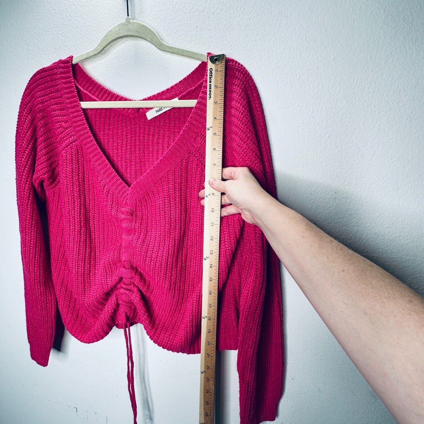 Paris & Me Pink Oversized Wide VNeck Long Sleeve Front Adjustable Ruched Sweater