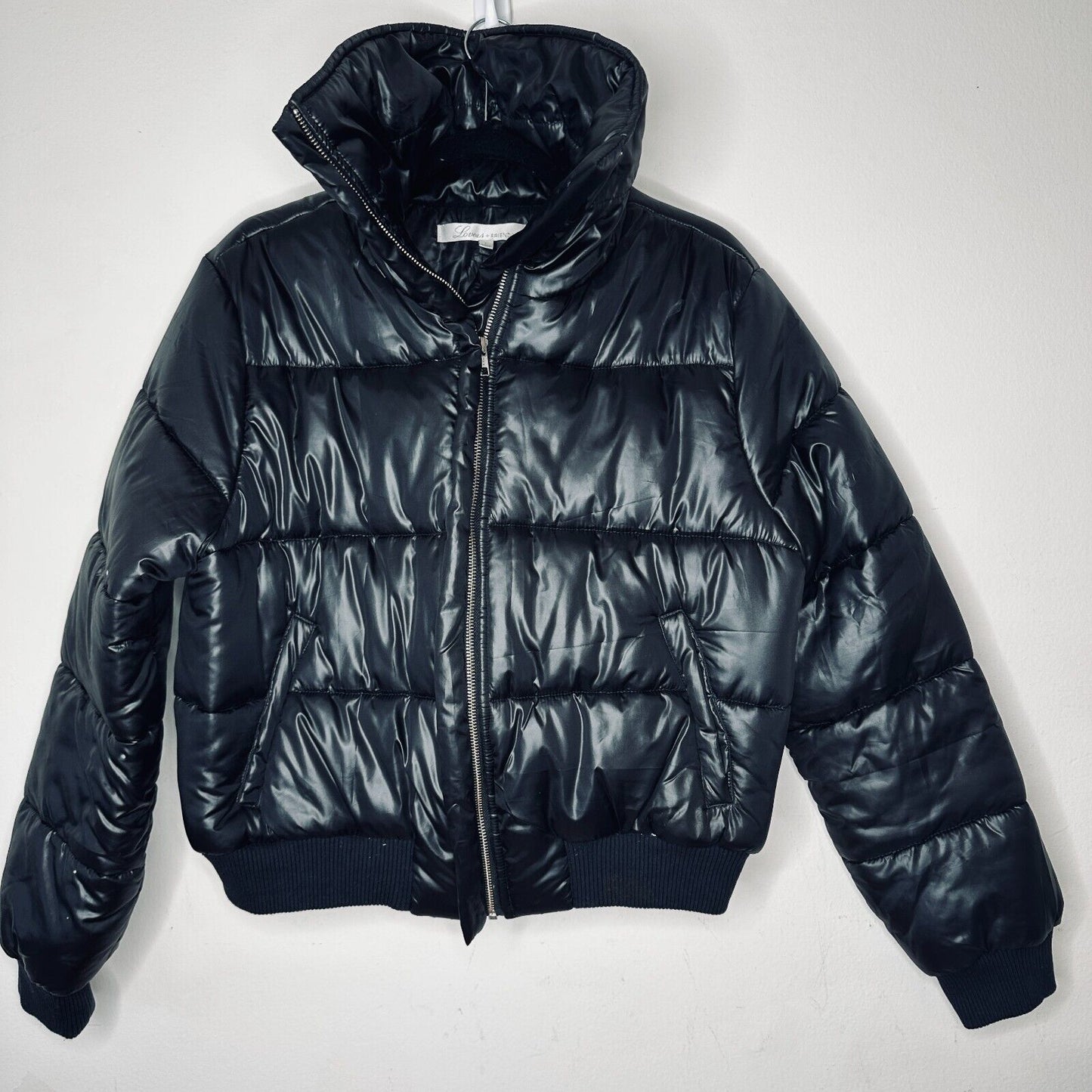 Revolve Lovers + Friends Black Satin Puffer Jacket Banded Hem & Cuff Zip L