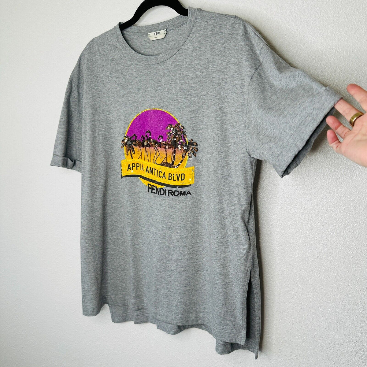 Fendi Gray Short Sleeve Appia Antica Blvd Fendi Roma logo Tee Bead Sequin Top L