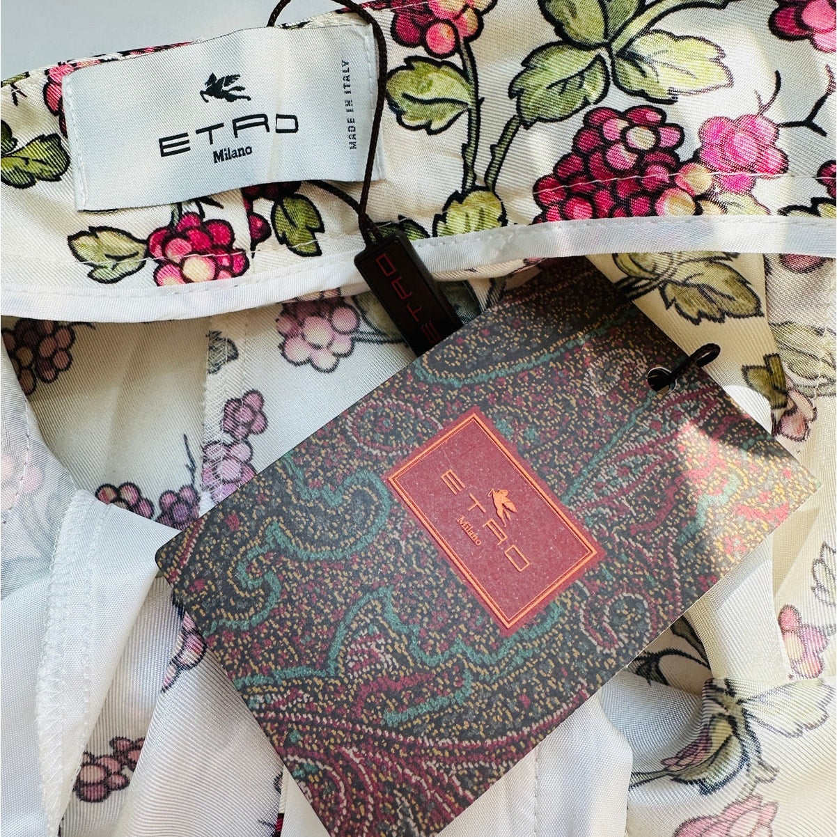 NWT Etro Vanilla Silk Leaf Print Cropped Wide Leg Designer Pants Paisley Hem