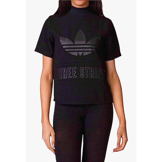 Adidas Black Trefoil Three Stripe Graphic Mock Neck Back Zip Short Sleeve Top S