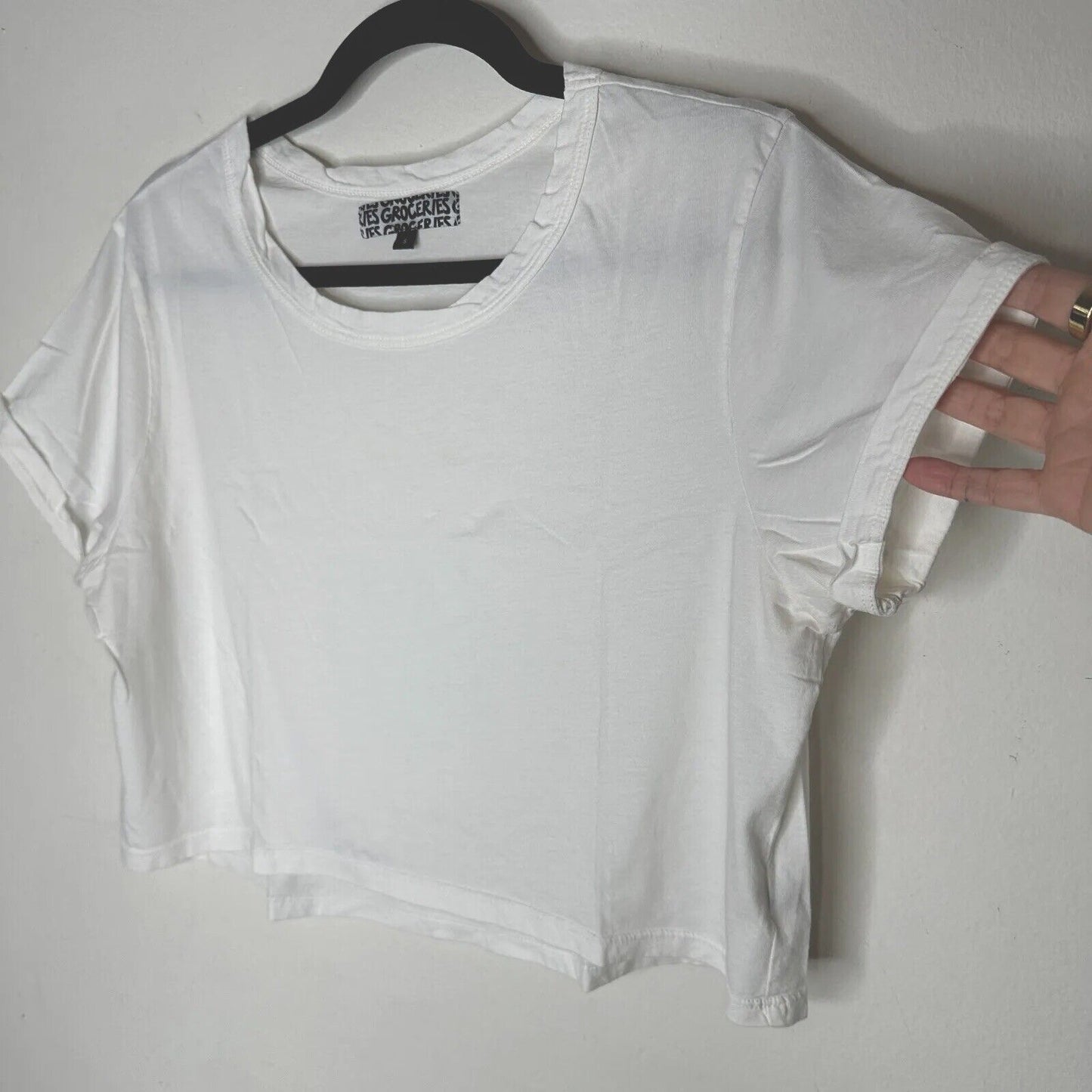 Groceries White Round Neck Short Sleeve Crop Top 100% Organic Cotton Tee Small