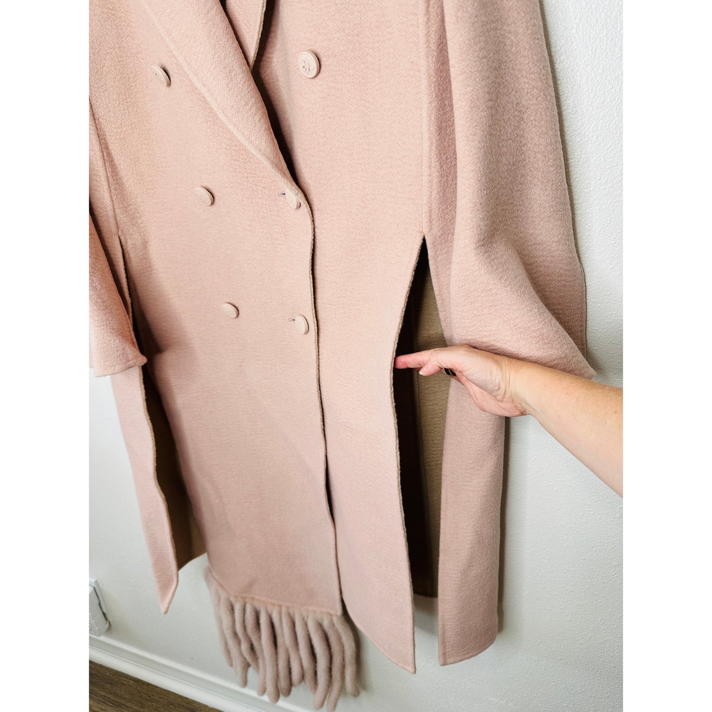 Fendi Muted Pink Button Camel Wool Pleated Sides Dangling Tassel Fringe 42