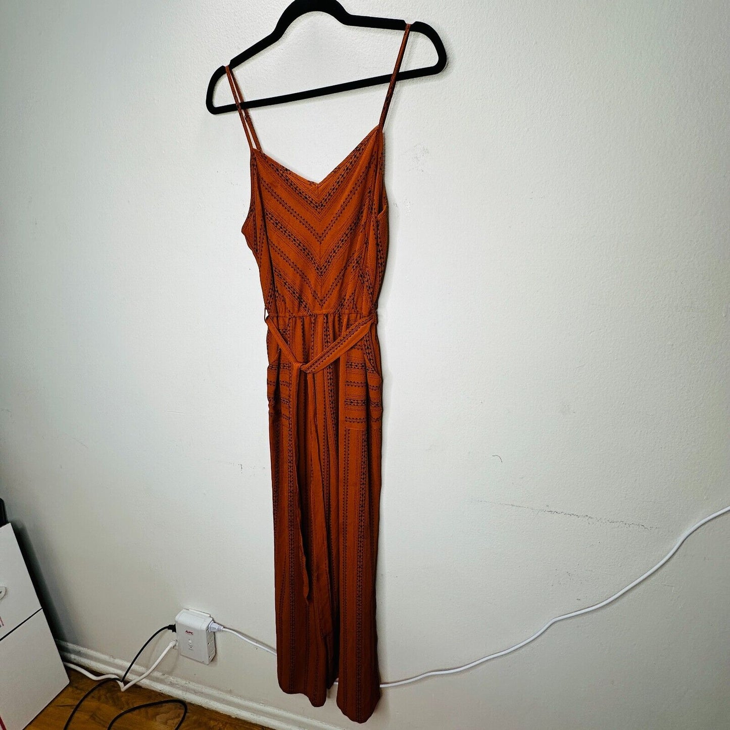 E & M Rust & Black Aztec Print V-Neck Spaghetti Strap Pockets Tie Waist Jumpsuit
