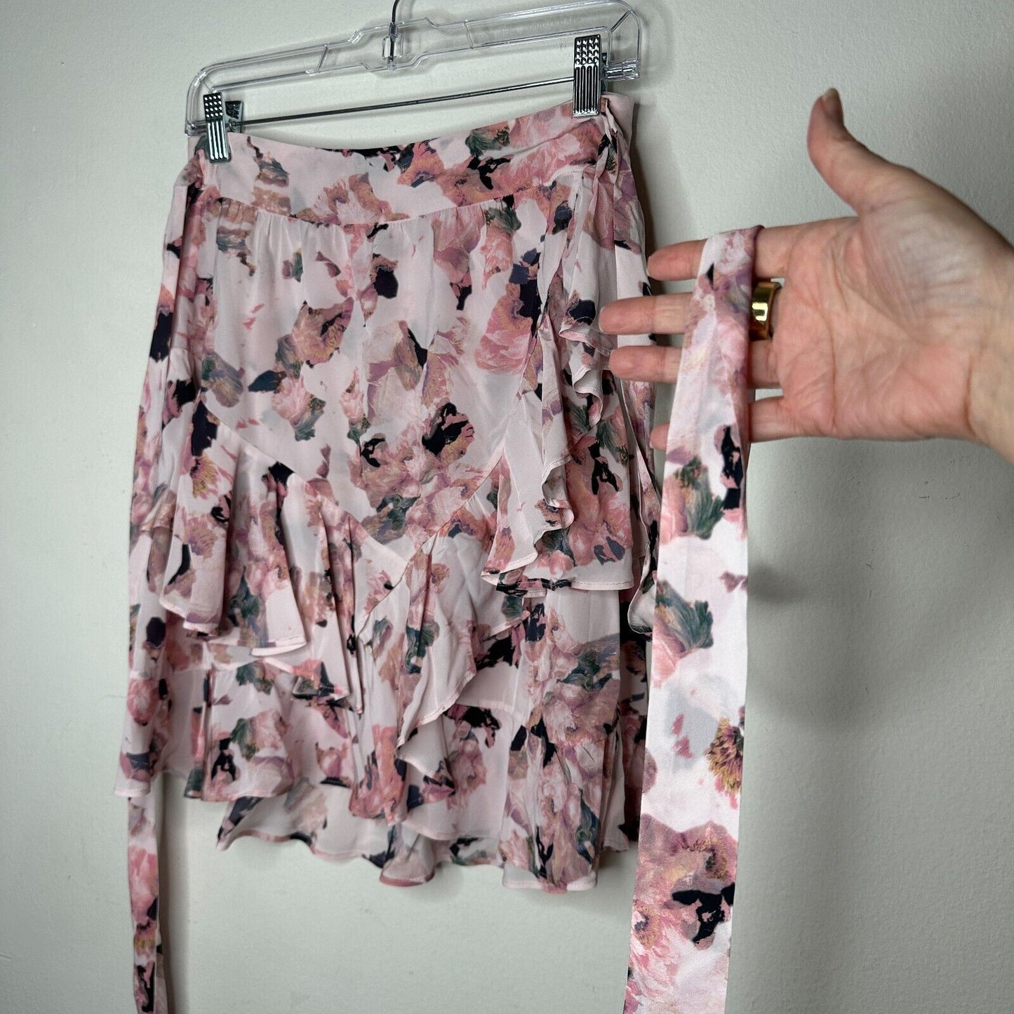 Iro Floral Light Pink Abstract Daring Wrap Flowy Layered Ruffled Mini Skirt 40