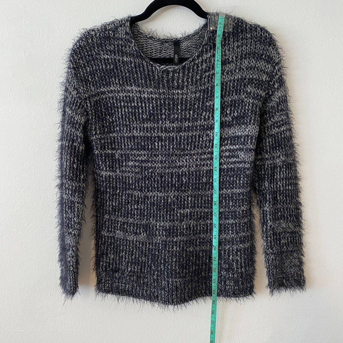 Elan Black Gray Marled Fuzzy Long Sleeve Round Neck Cable Knit Sweater Small