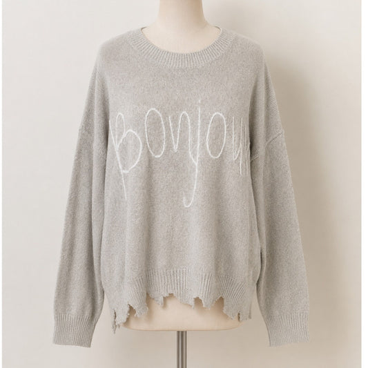 William B Taupe Bonjour Embroidered Oversize Distressed Sweater Long Sleeve S