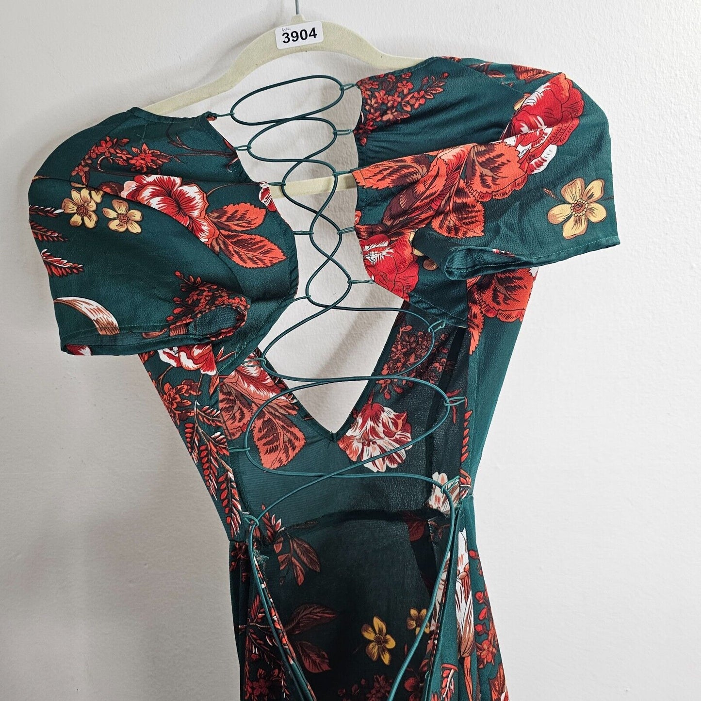 Pretty Little Thing Emerald Green Floral Criss Cross Back Frill Hem Dress 4
