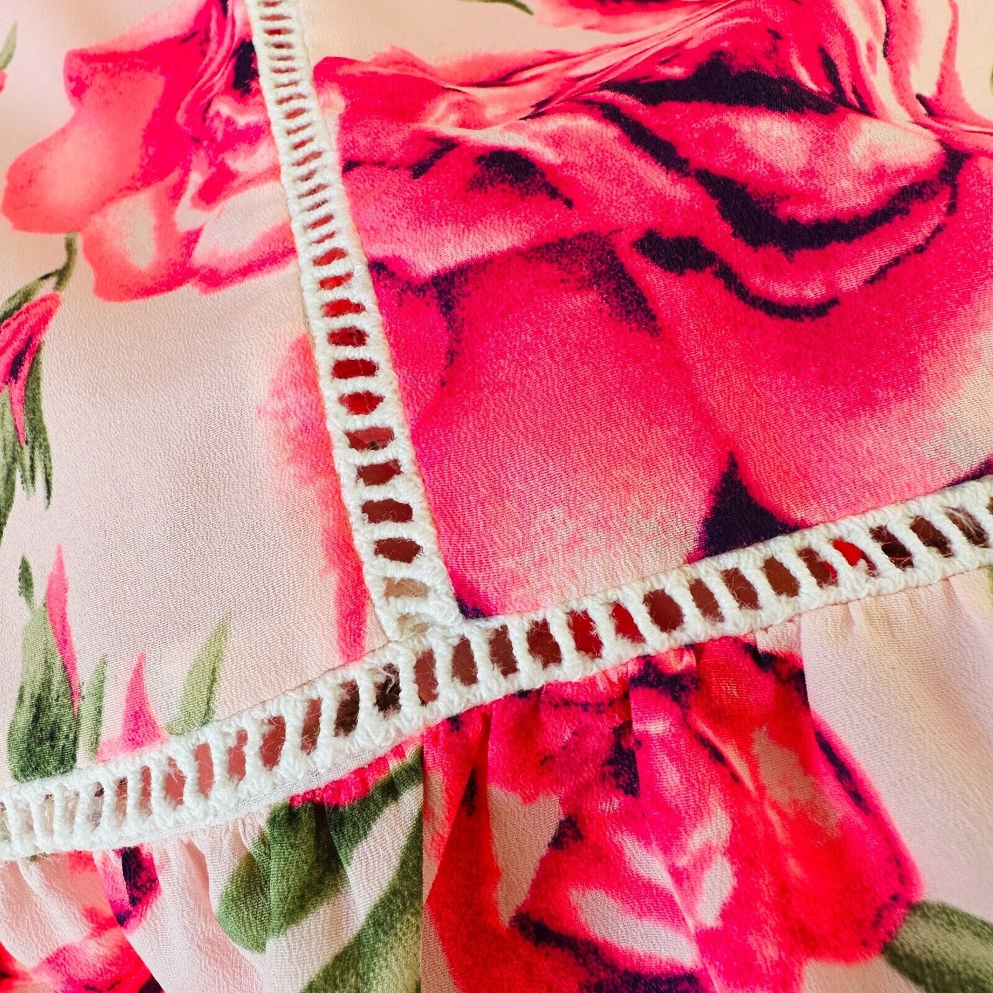 May & July Hot Pink and Green Floral Rose Short Sleeve Peplum Crop Blouse S