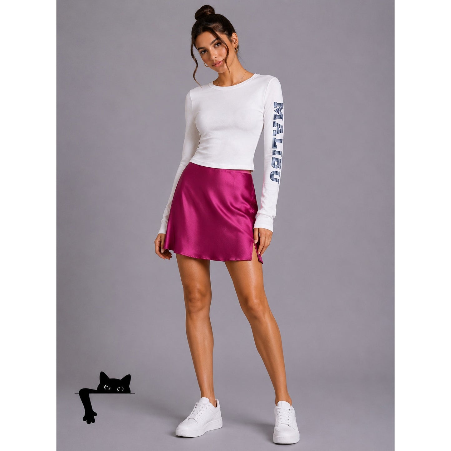 Magenta Satin Side-Zip Flowy Mini Skirt with Side Slit S