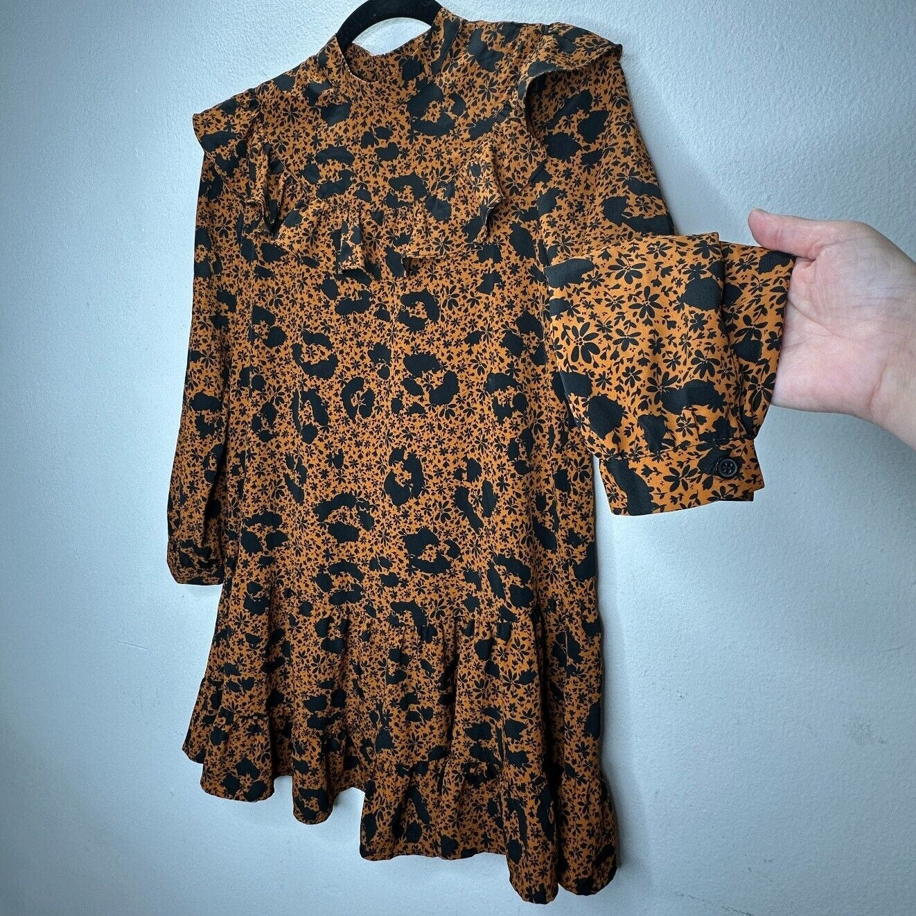 NWT Burnt Orange & Black Floral High Neck Ruffle Long Sleeve Dress 2